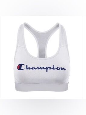 Champion White Racerback Sports Bra with Navy Logo and Red Accent